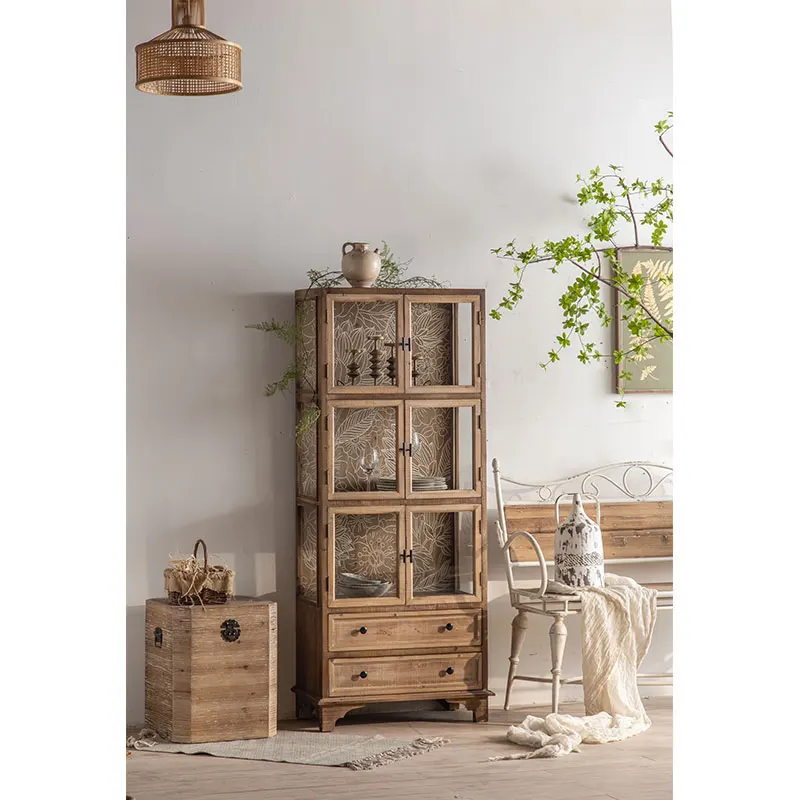 French Country Style Vintage Decor Home Kitchen Furniture Wooden Frame Glass Door Tall Kitchen Cabinet Designs
