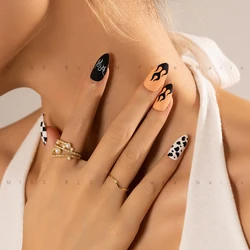 Missbloom Fashion Matte Black Almond Fake Nails Full Cover Fire Cow Grid Almond Shape Press On Nails