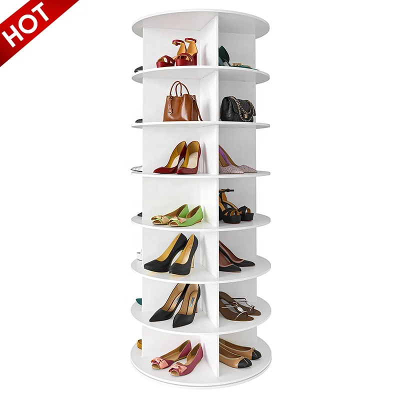 Modern 7 Tier Swivel Tower Shoeracker Tall Carousel PVC Lazy Susan Commercial 360 Rotating Shoe Rack For Shop Retail Store