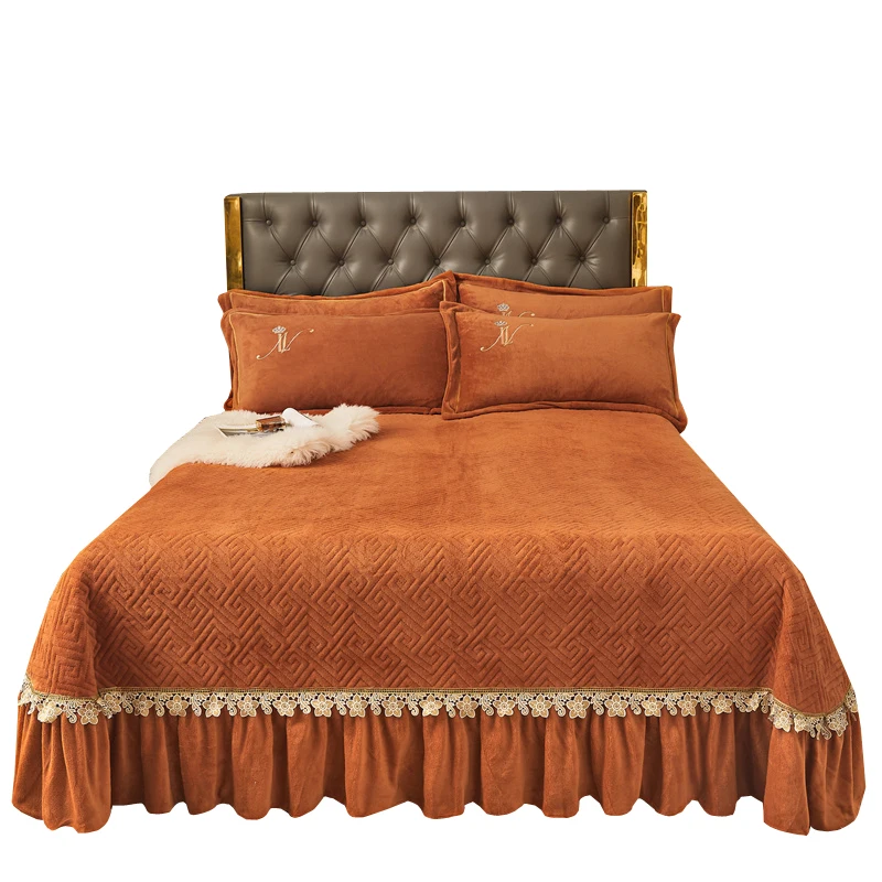 Luxury Milk velvet warm quilted bedspread Bed Covers blanket King Super king size Bed Linen with lace edge