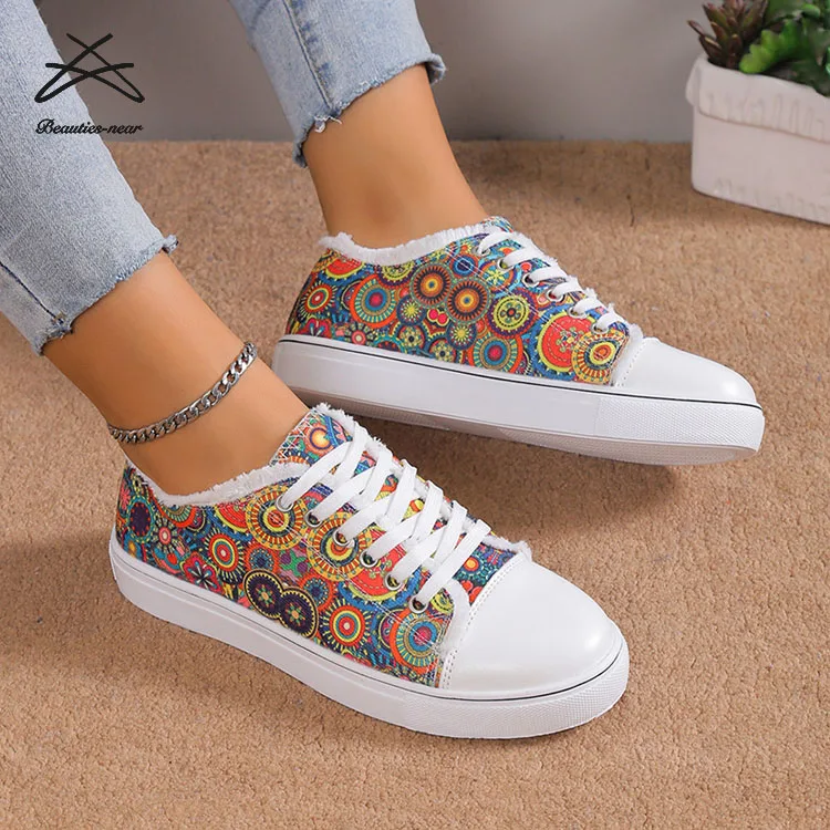 Womens Fashion Girls Flower Printed Canvas Shoes Students Ladies Casual Sneakers Summer Lace Up Skateboard Trendy Rubbers Shoes