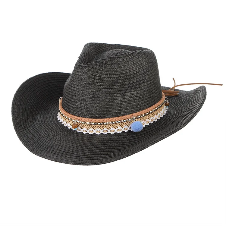 Lace Monochrome Straw Hat Fedora Hats For Adults Western Cowboy Wide Brim Straw Hat