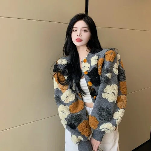 Women Flower Long sleeved Jacket Autumn Winter Color Contrast Korean Chic Retro All match Loose Female Jacket