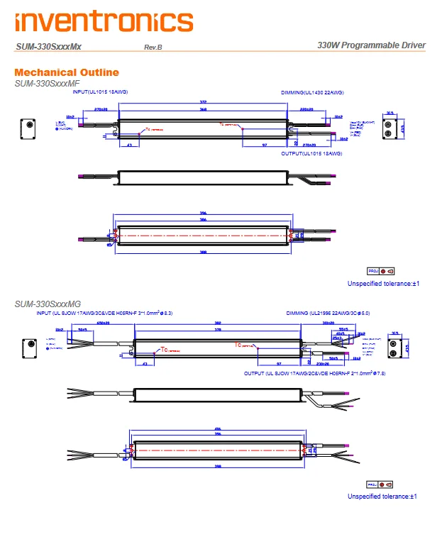 Inventronics SUM-330SxxxMx, SUM-330SxxxMF, SUM-330SxxxMG, SUM-330SxxxMT KingBrite Dimmable Led driver