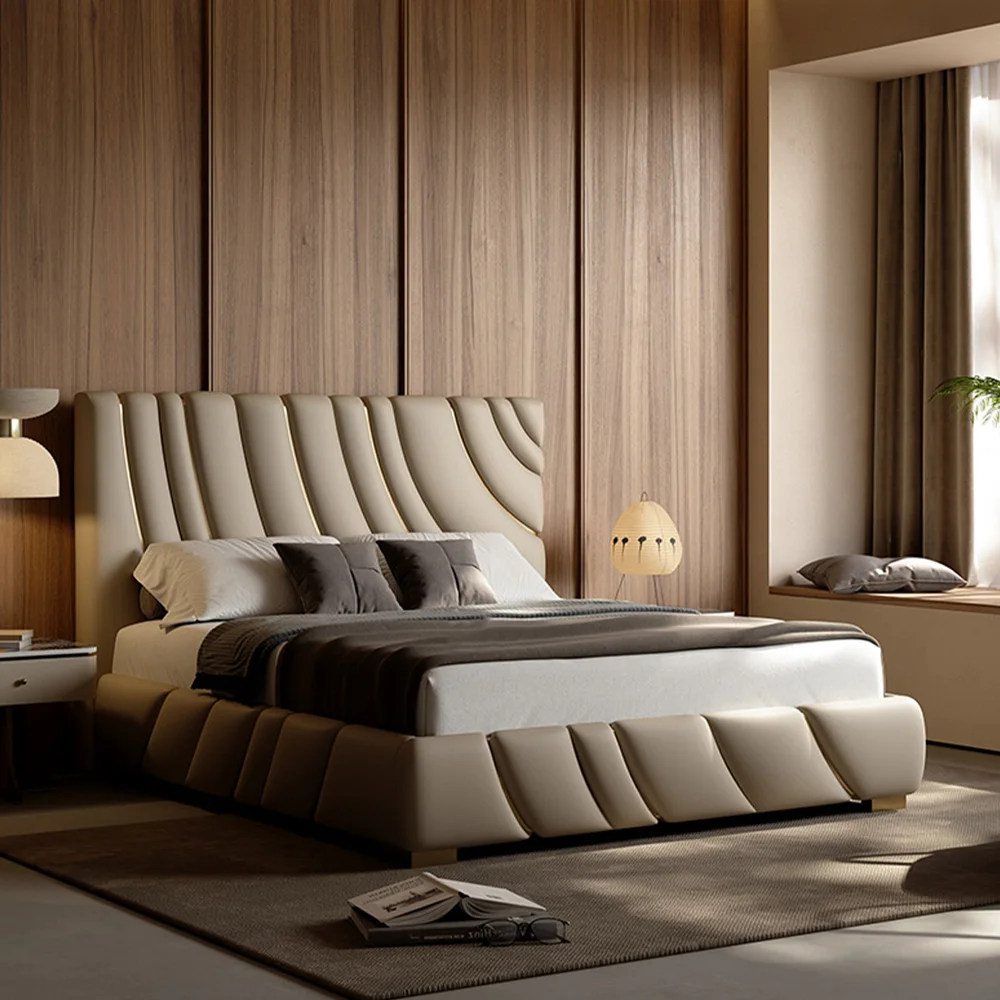 European Modern Design King Size Bed Luxury Beds Leather With Soft Back Headboard Solid Wood Frame Queen Size Double Bed