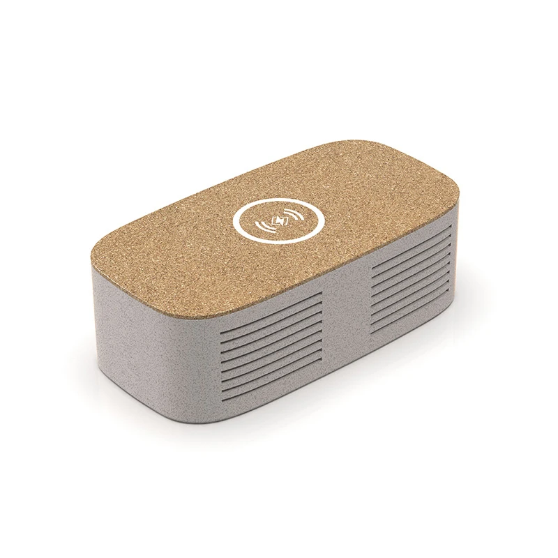 2023 New Portable Multifunction 2 In 1 Wheat Straw Cork Wood Wireless Blue tooth 5.0 Speaker With Wireless Charger