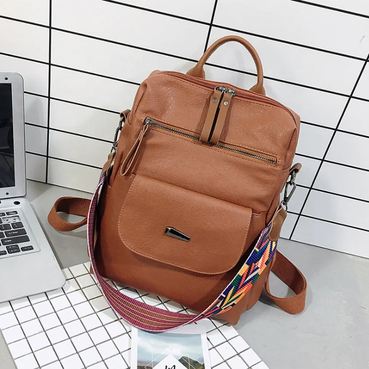 New Fashion Boho Colorful Strap PU Leather Women Solid Color Soft Travel Trumpet Backpack