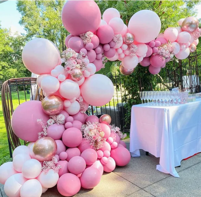 Pink Rose gold metallic Latex balloons garland arch with flower vine banner for Bridal shower game wedding party backdrop decor