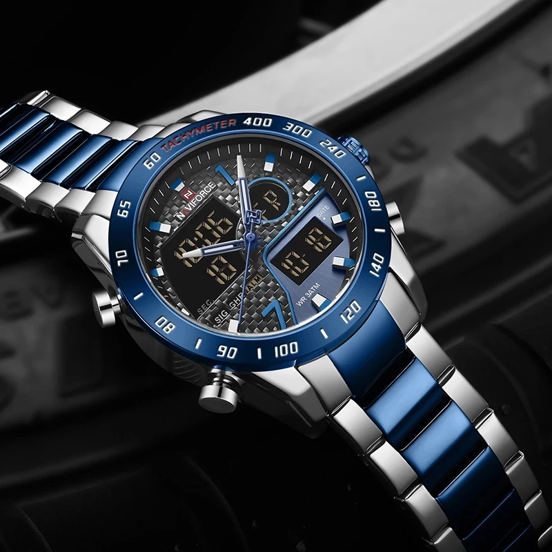 NAVIFORCE NF9171  OEM mens quartz watch latest Stainless steel Strap Luminous double display low moq sports watch set