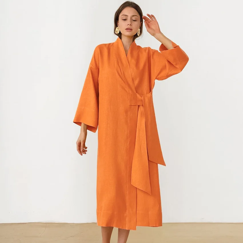 French Loose Cotton Linen Robe Long Comfortable Pajamas Female Solid Color Home Clothing Women Casual Knitted 100% Cotton Spring