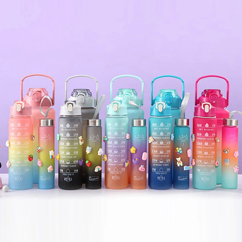 Sports Water Bottle 3pcs/set Motivational Water Bottle For Male Female Set 2000ml 900ml 280ml Portable Reusable Summer Cups