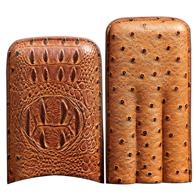 Прочный коричневый портативный дорожный Чехол для сигар из натуральной крокодиловой кожи с 3 пальцами, хьюмидор с страусиной текстурой