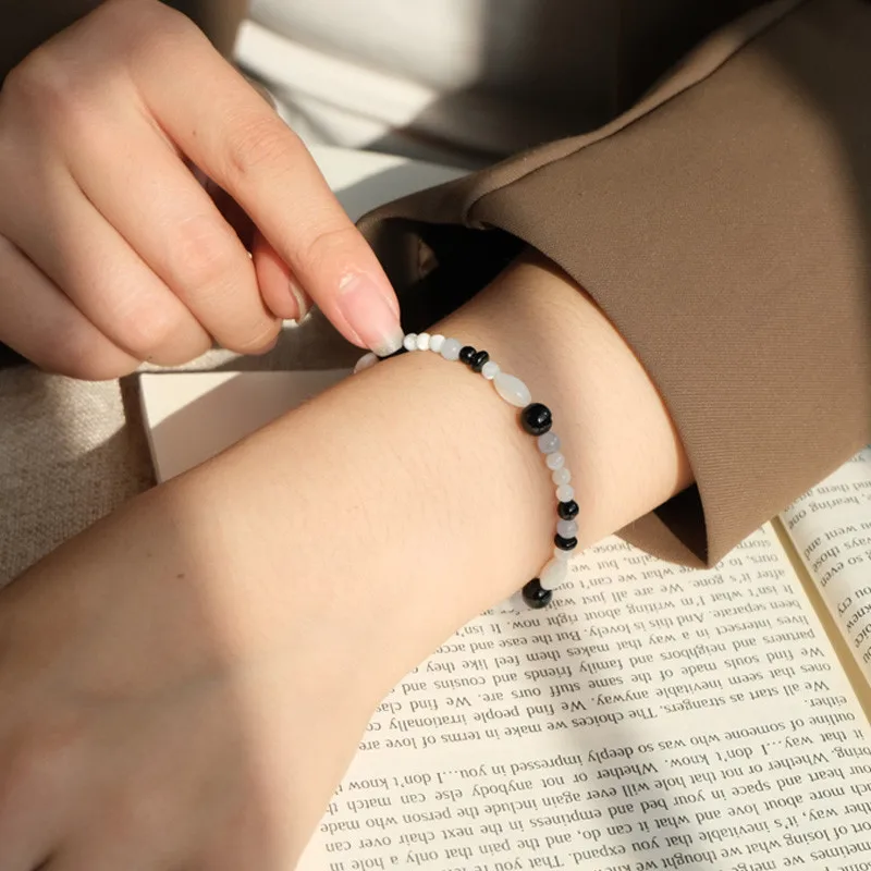 925 silver black Onyx bracelet necklace women black and white bead string aquamarine sterling silver versatile bracelet necklace
