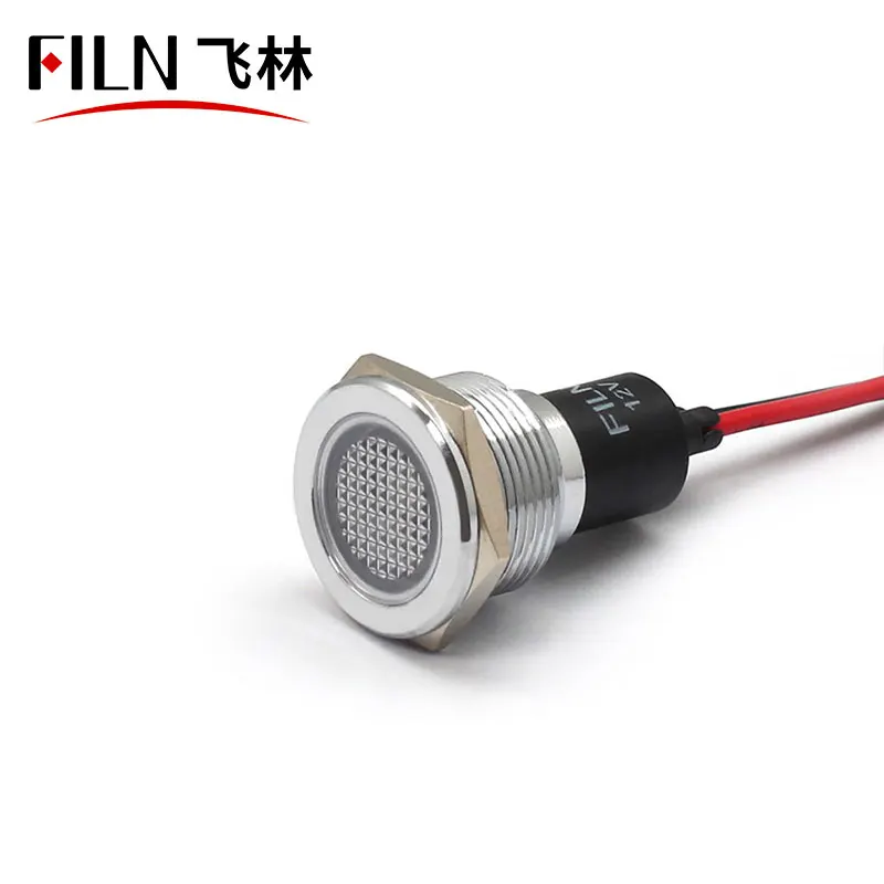 FILN 19mm miniature led indicator lamps, wire leading antivandal waterproof indicator IP67 flat head red green 12V with symbols