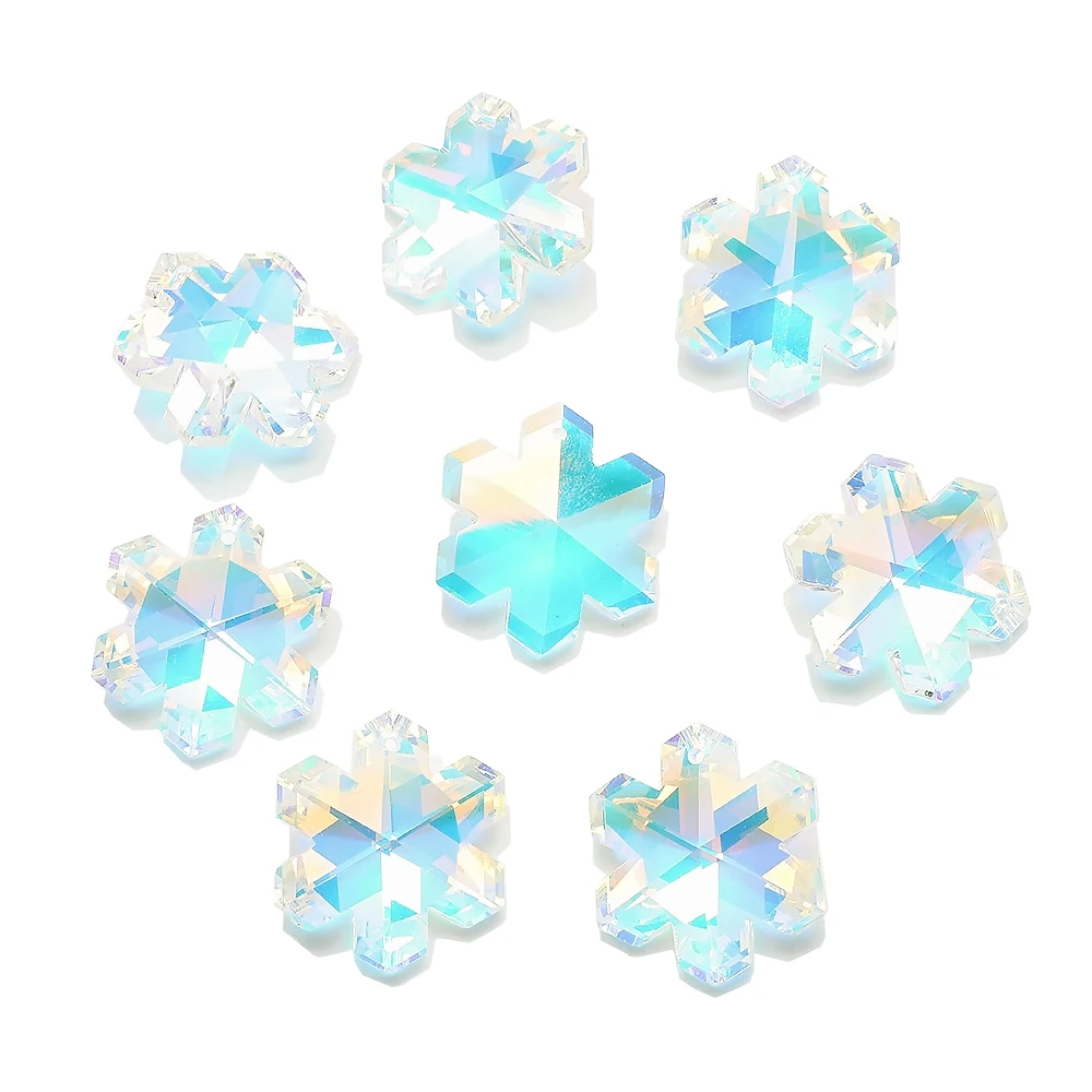 Zhubi Wholesale Aurora Shining Snowflake Glass Beads Alloy Clips Bail 30MM Ice Crystal Pendant Beads for Necklace Earrings