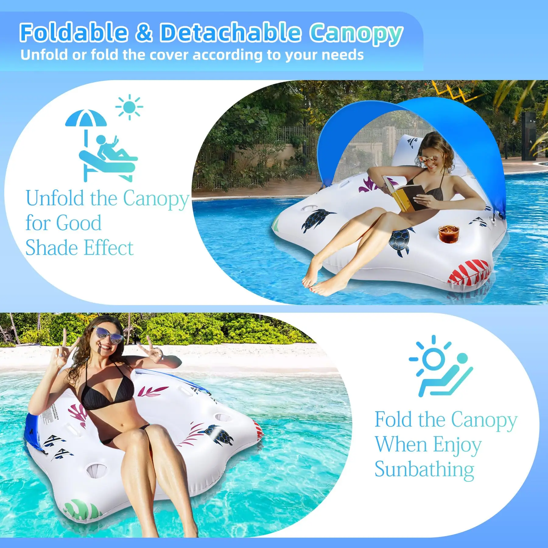 Inflatable Pool Float with Canopy, Large Pool Float Chairs with Cup Holders & Armrest, Float Pool Lounge Water Floats for Adults