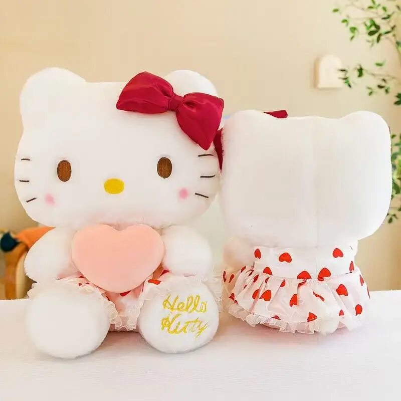 Sanrioed Love Heart-Shaped Plush Doll Kawaii KT Cat Cartoon Plushie Toy Home Decoration Children Birthday Gift