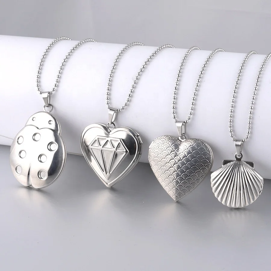 Hot style circular ellipse heart shaped beetle and book design locket necklace pendant stainless steel
