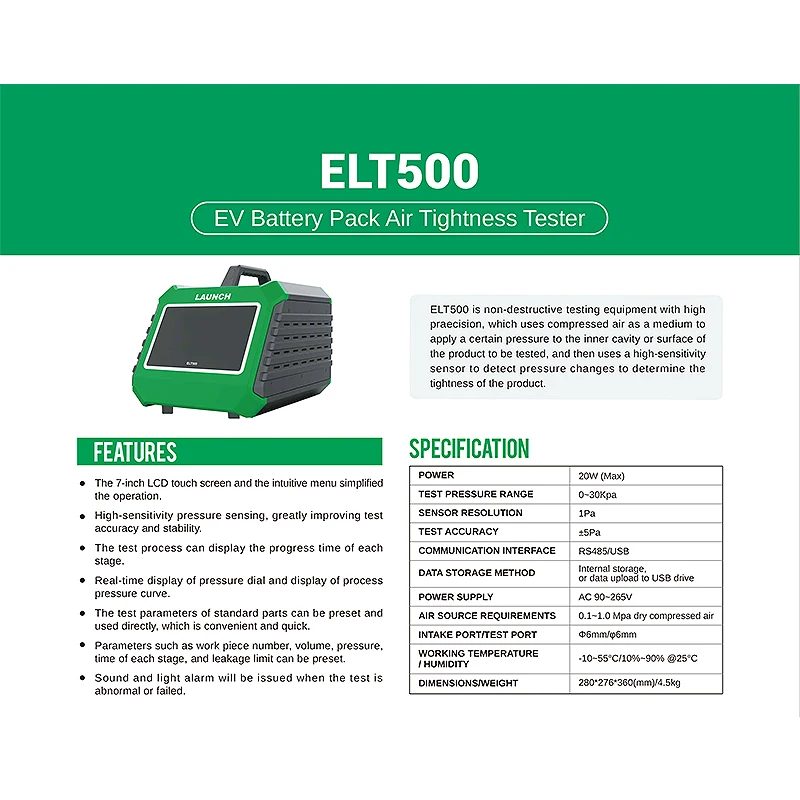 LAUNCH ELT500 High-Precision Non-Destructive Air Tightness Tester New Energy Battery Pack Detector AC Make Tool