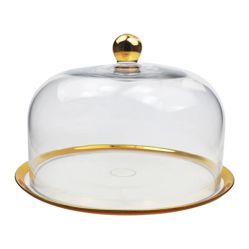 Mouth blown multiple use glass charger cake plate with glass dome gold rim
