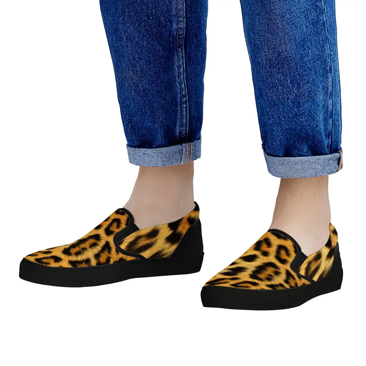 Custom Black Rubber Canvas Men Slip On Shoes Casual Shoes Safety Flat Print on Demand Leopard Wholesale