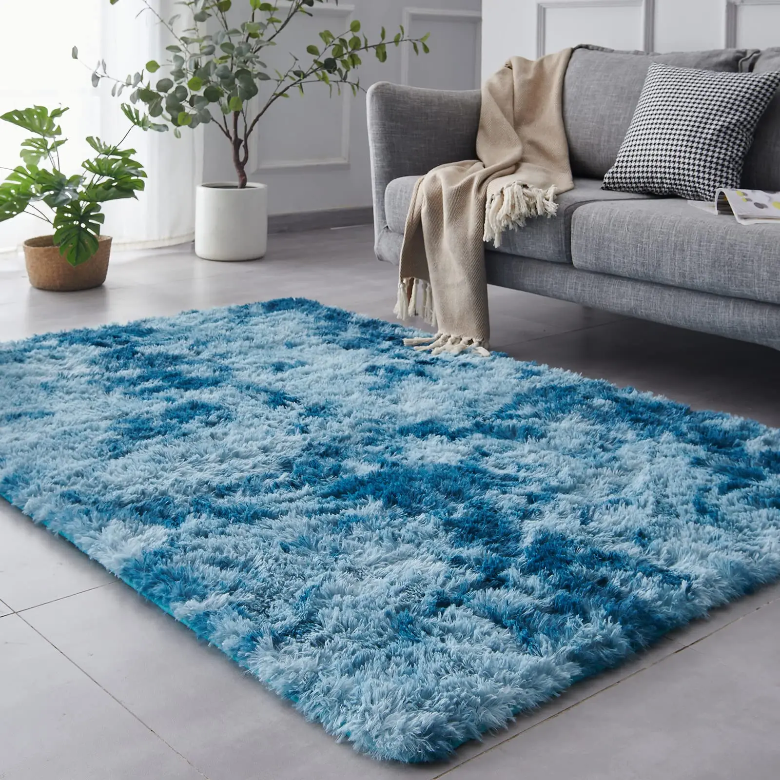 Custom Area Rugs for Living Room Home Decorative Fluffy Floor Carpet Mat Tie Dyed Light Grey Rug