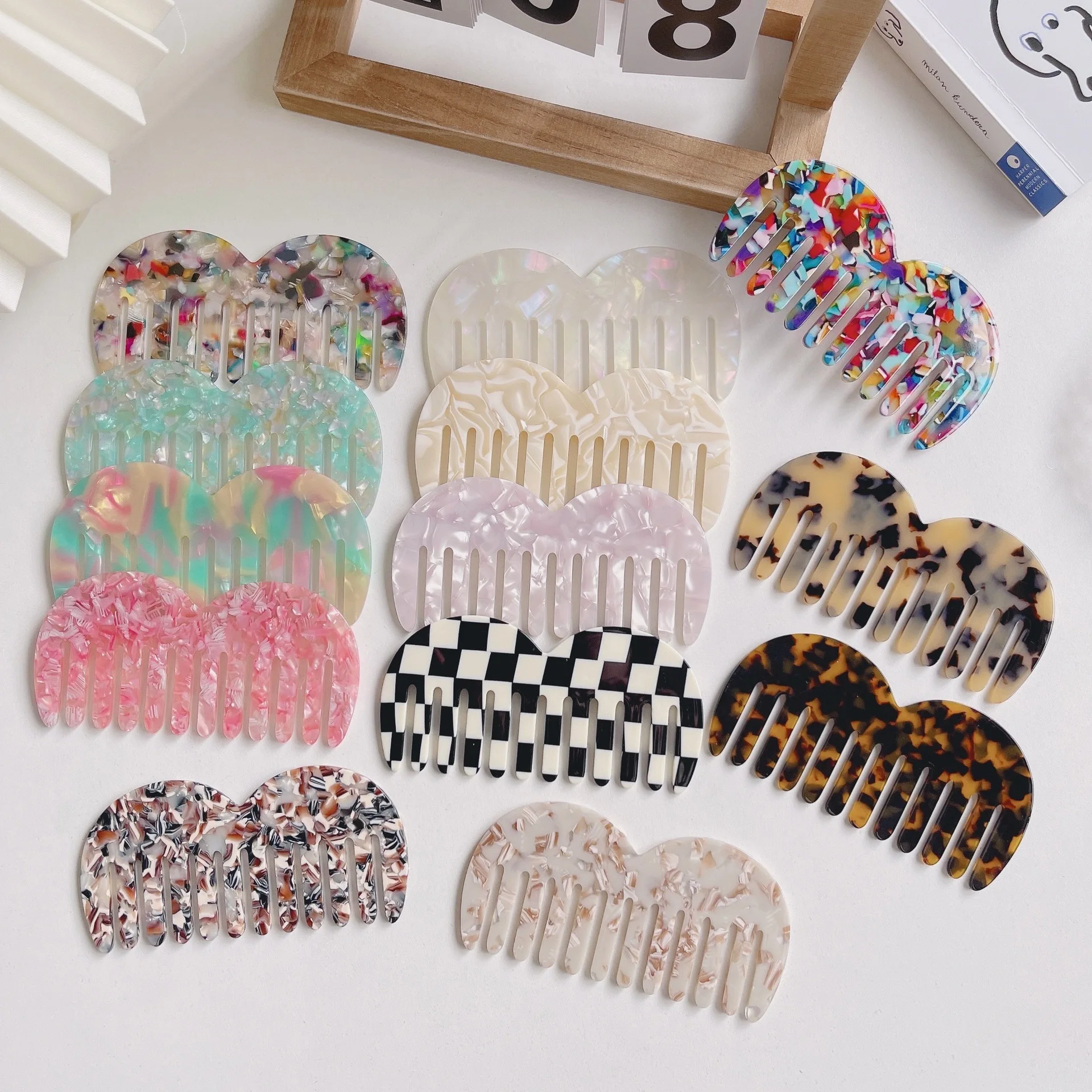Lanson Hot selling retro fashion hair combs marble pattern wide toothed acetate hair combs anti-static women comb hair