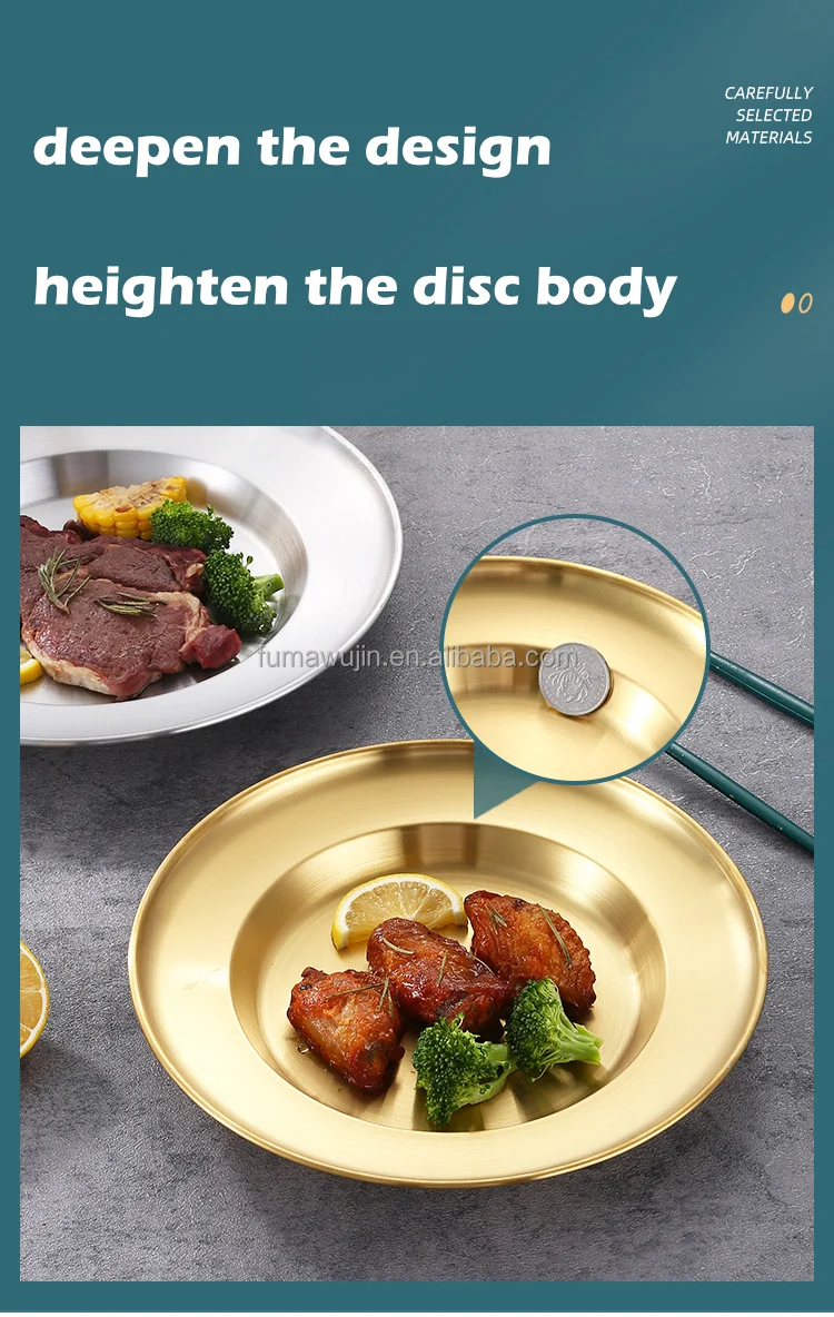 Luxury cutlery set stainless steel silver gold color hotel plates dishes with deep bottom metal plates for food