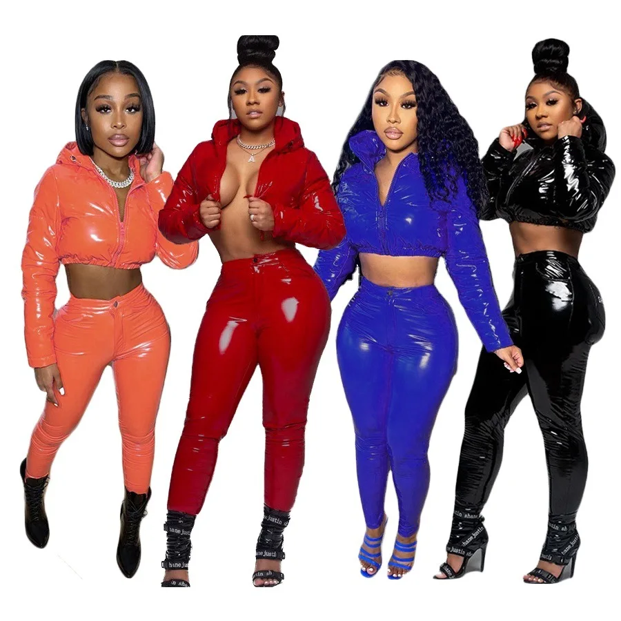 Winter Trendy Solid Color Warm Bubble Coat Women Pu Leather Crop Puffer Coat Two Piece Pants Set