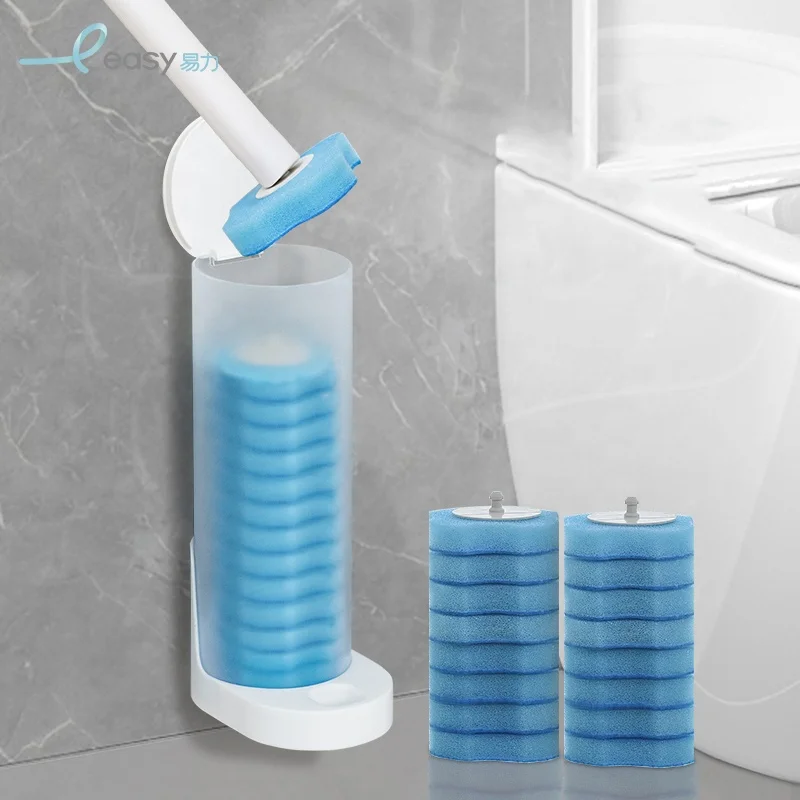 Multi-Purpose Bathroom Cleaning System Long Handle Disposable Toilet Bowl Brush Cleaner Set with Disposable Sponge Refills