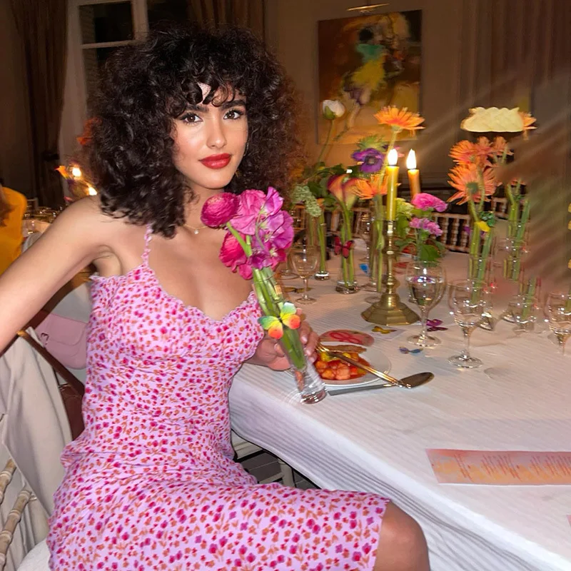 Strap Pink Dress Women Boutique Floral Casual Dresses Summer Slim Fit Midi Dress Korean