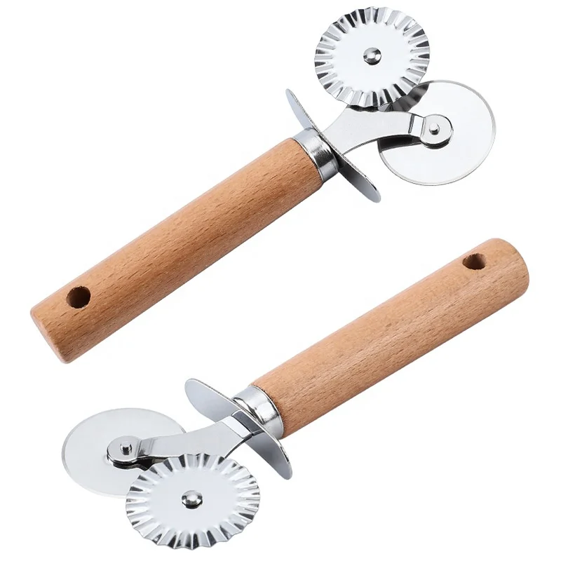 Oak Acacia SS Cake Cutter Non-stick Beech Metal Wheeling Baking Cutter Wooden Handle Stainless Steel Double Wheels PIzza Cutter