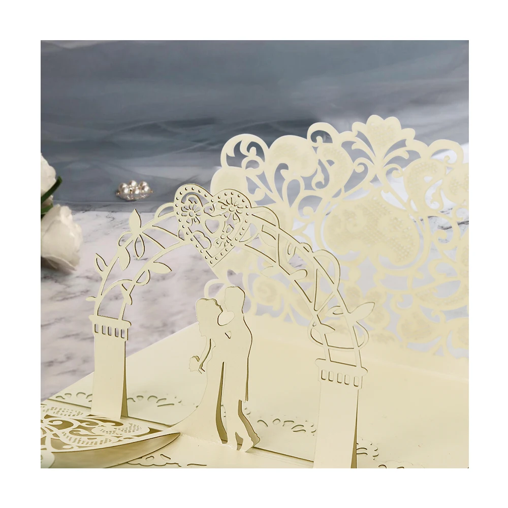  Luxury laser cut gold paper newlyweds designs 3d pop up wedding invitation