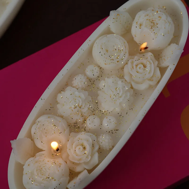 Home Decor Handmade Classic White Dough Bowl Soy Blend Boat Shaped Floral Scented Candles with Shining Powder