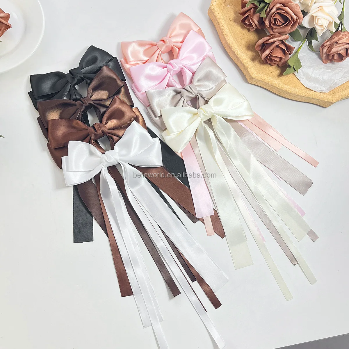 BELLEWORLD customized logo women girls elegant smooth handmade satin ribbon bow hairpins two-layer long ribbon bowknot hair clip