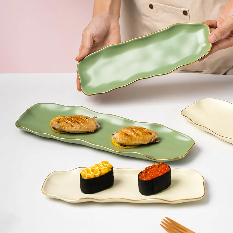 Wholesale Matte color glazed hand-painted japanese type ceramic porcelain cake dessert rectangular sushi plates and dishes tray