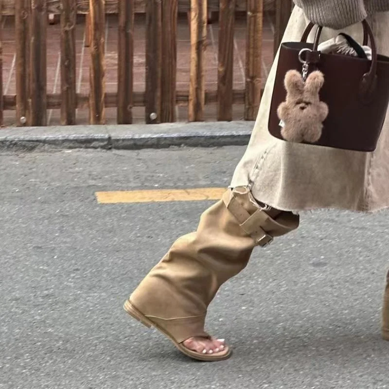 2023 Xia Internet Celebrity Korean Style Flip-Flops Sandals High Trouser Western Cowboy Boots New Summer Fashion