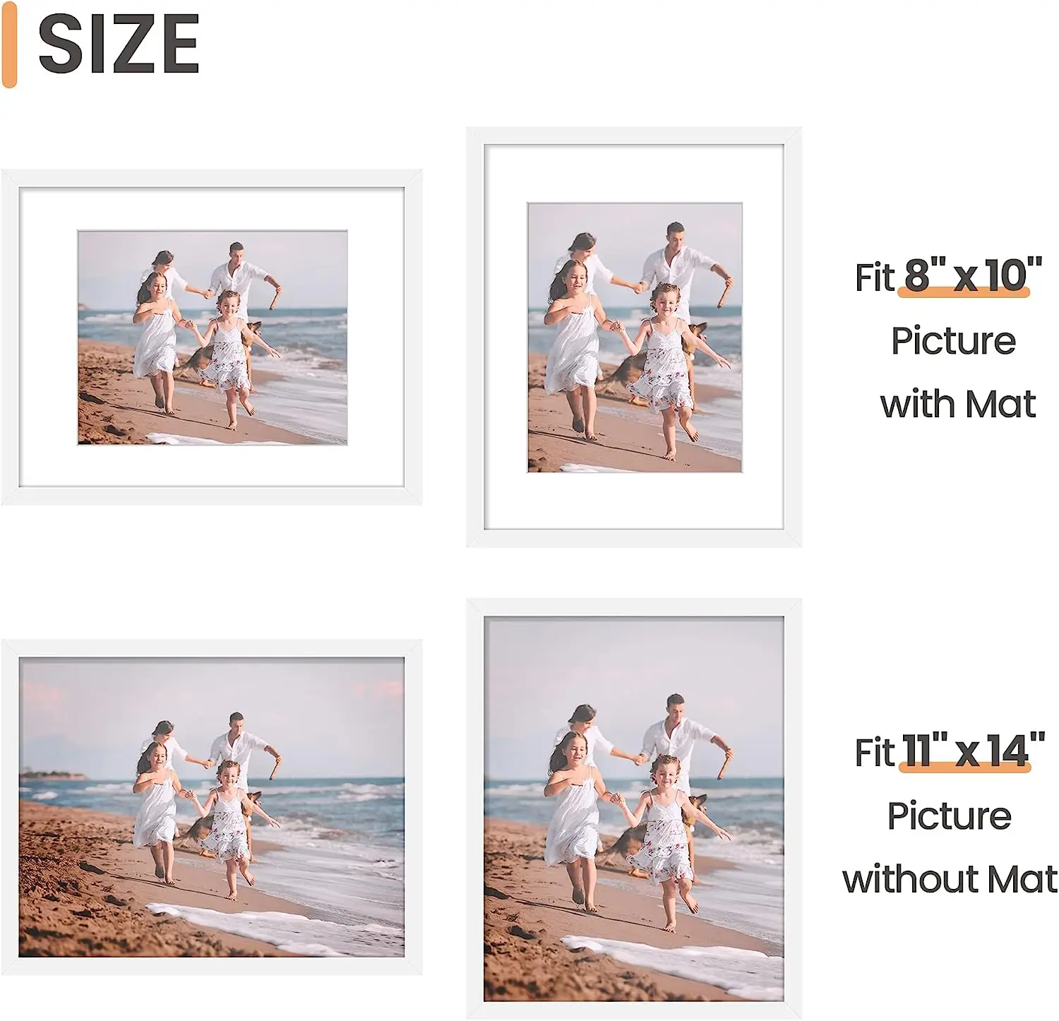 A4 Picture Frame  Made of High Definition Glass for 6x8 with Mat or 8.3X11.7 Without Mat, Wall Mounting Photo Frames, White