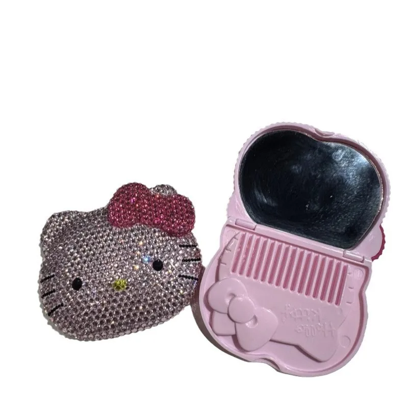 Cute Pink Rhinestone Kitty Foldable Mini Mirror With Comb Kawaii Cartoon Pocket Mini Portable Makeup Mirror Gift For Girls