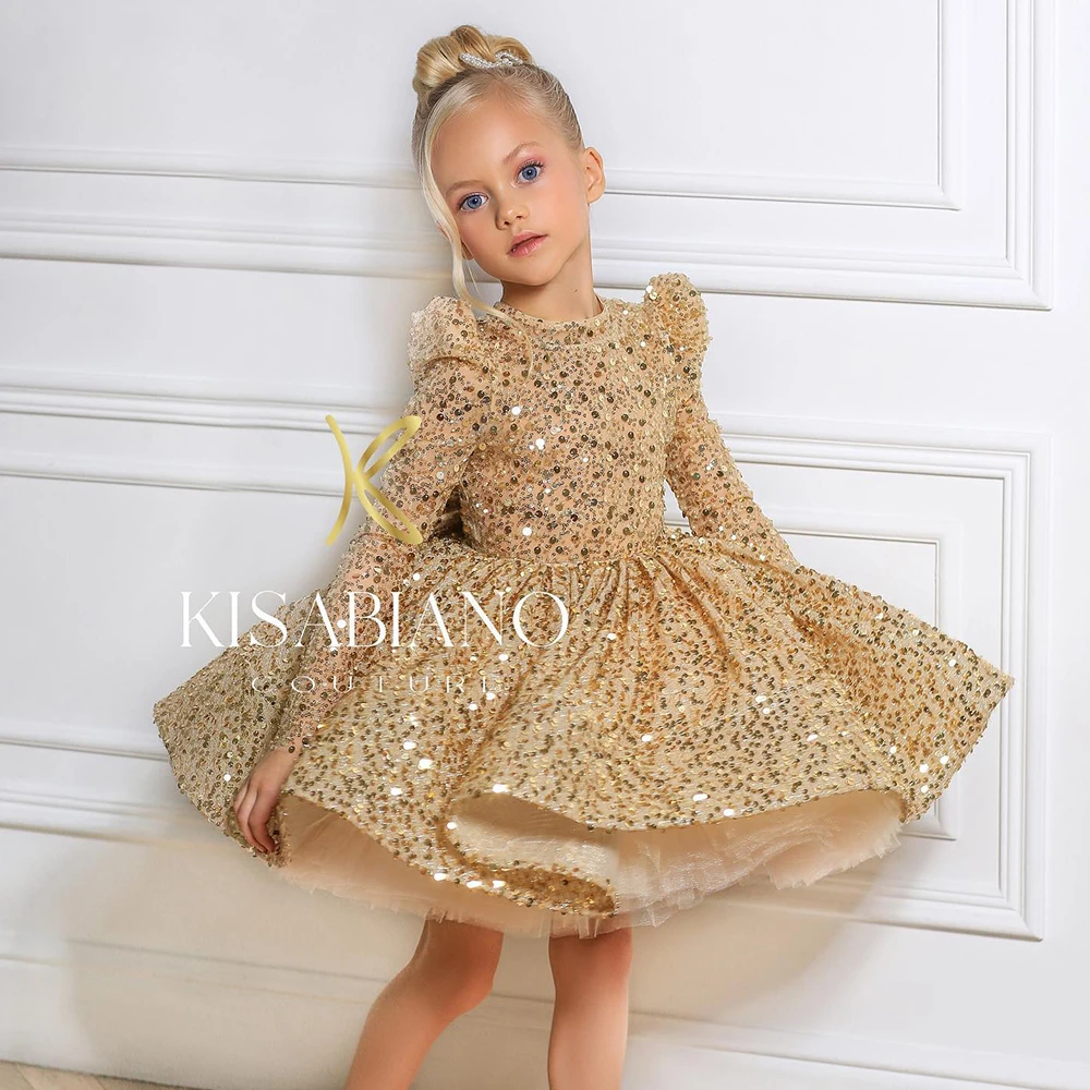 2023 Luxury Sequined Ball Gown Birthday Party Frock Teen Princess Perform Girl Dress Gold yellow princess dress for girls