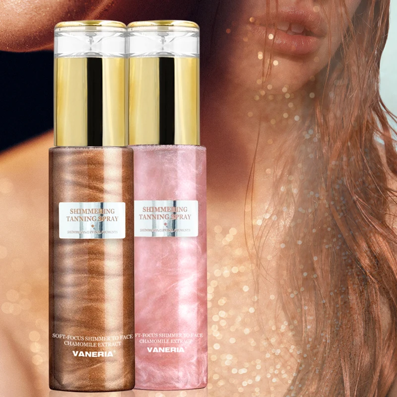 Wholesale Body Shimmer Spray  2 Color Bronzer Golden Glitter Spray Shimmer Body Glow Tan Oil Liquid Highlighter Tanning Spray