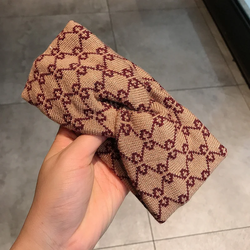 Custom Logo Elastic Hair Band Winter Knit Plaid Cross Head Band Ear Warmer Headband Crocheted Knitted Head Wraps For Women Girls