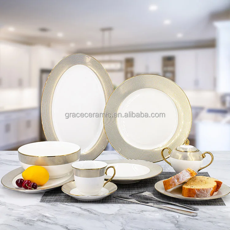 Elegance 24k gold rim handmade porcelain dinner set Arabic Dubai Turkish 76 pcs ceramic tableware dinnerware sets