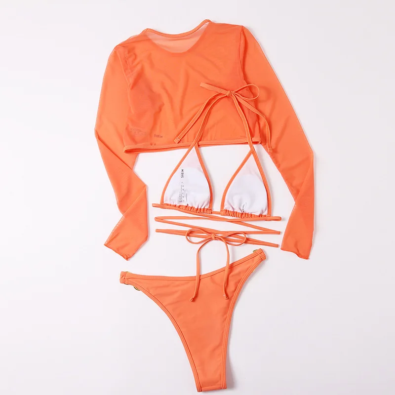 Large Size Three Piece Long sleeve mesh Pajama Short Set Sling Sexy Pajamas Colorful mini brazilian bikini