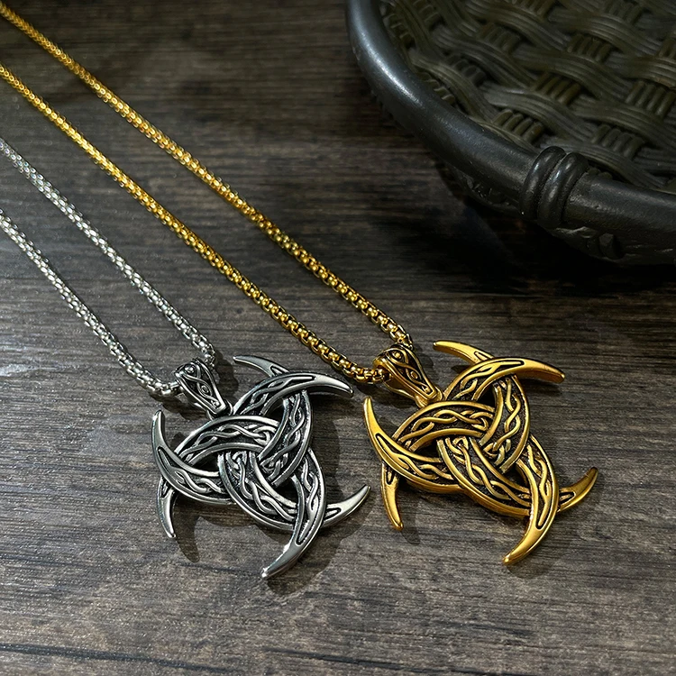 Wholesale Vintage Viking Celtic Knot Hip Hop 18k Gold Plated Stainless Steel Pendant Men Necklace