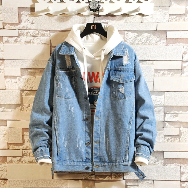 
Cotton And Viscose Loose Fit Jeans Poker Mens Streetwear Casual Black Hip Hop Denim Jacket For Men 