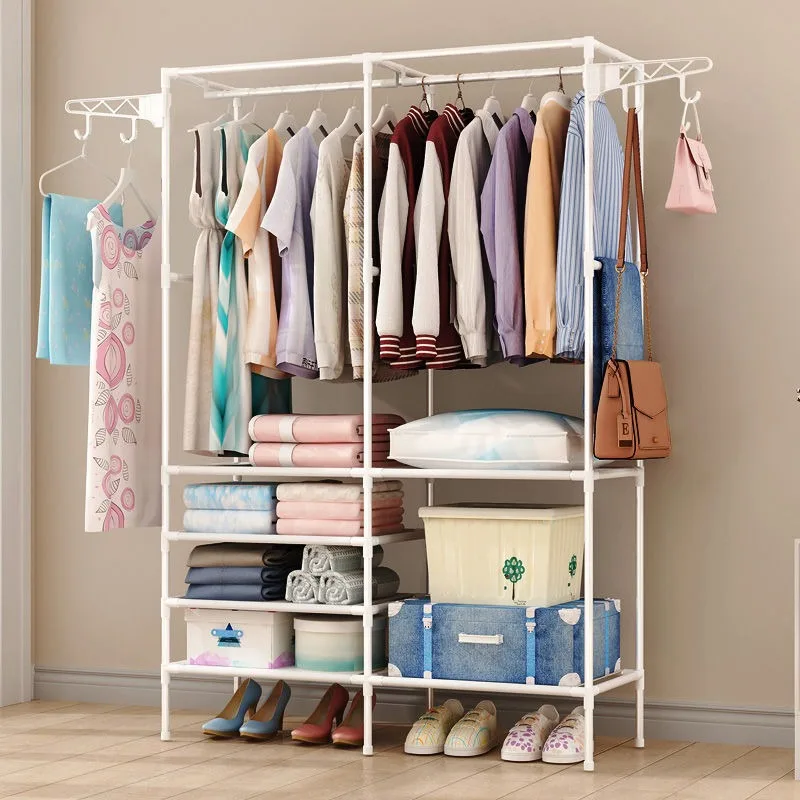 Household Wardrobe Hanger Free Standing Multifunctional Clothes Wardrobe Three Row Bedroom Coat Rack