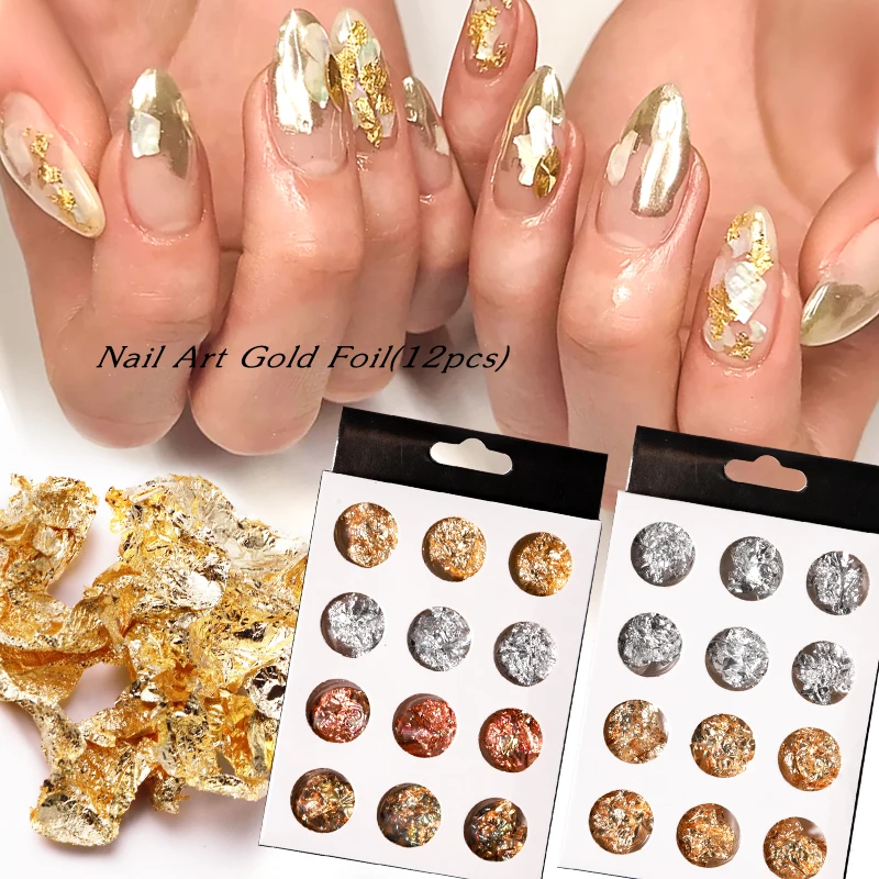 MisscheeringNail art ультратонкая Золотая и серебряная фольга 12 ячеек украшение для ногтевого дизайна набор фольги