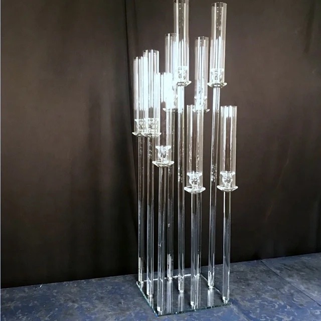 Free shipping)9 arms clear acrylic  big crystal tall votive candle holders for weddings table candelabra sunyu2219