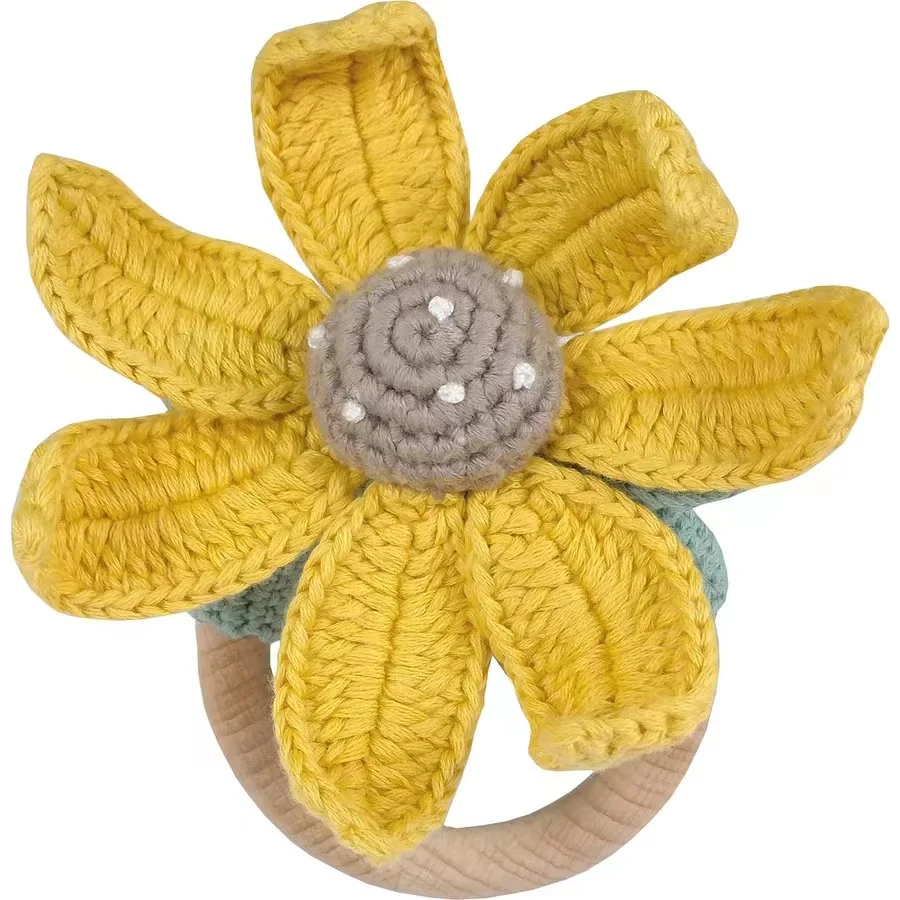 Hot Sale  Baby Teether Wooden Handmade Crocheted sun flowers rattles for Kids Crafts Gift